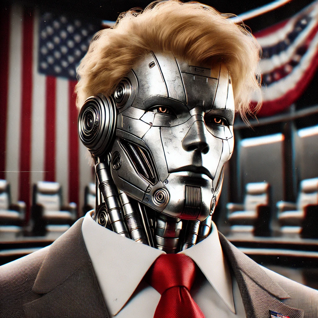 A presidential, blonde-haired robot. Generated by chatGPT.