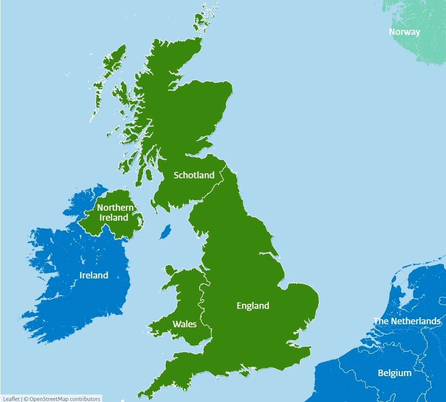Map of the United Kingdom - England, Northern Ireland, Scotland and Wales.