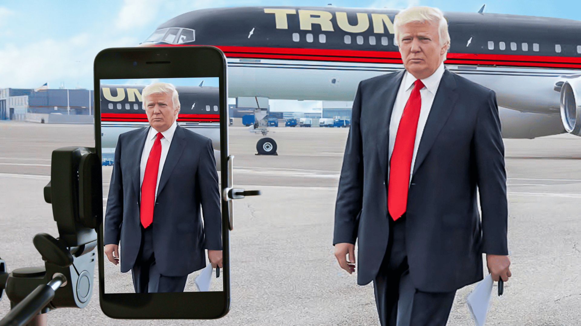 Fictional image of Donald Trump being recorded on an iphone as he walks away from his private jet.