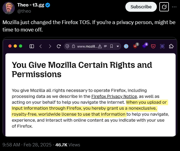 Theo - t3.gg post on Twitter / X responding to and displaying the update to Firefox's Privacy notice.