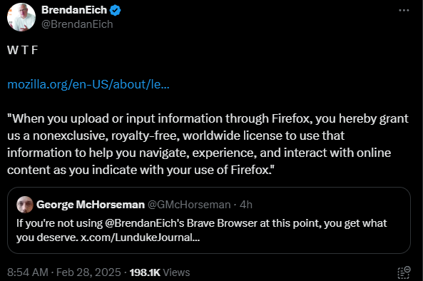 Brave CEO Brendan Eich sharing and responding to Mozilla's changes.