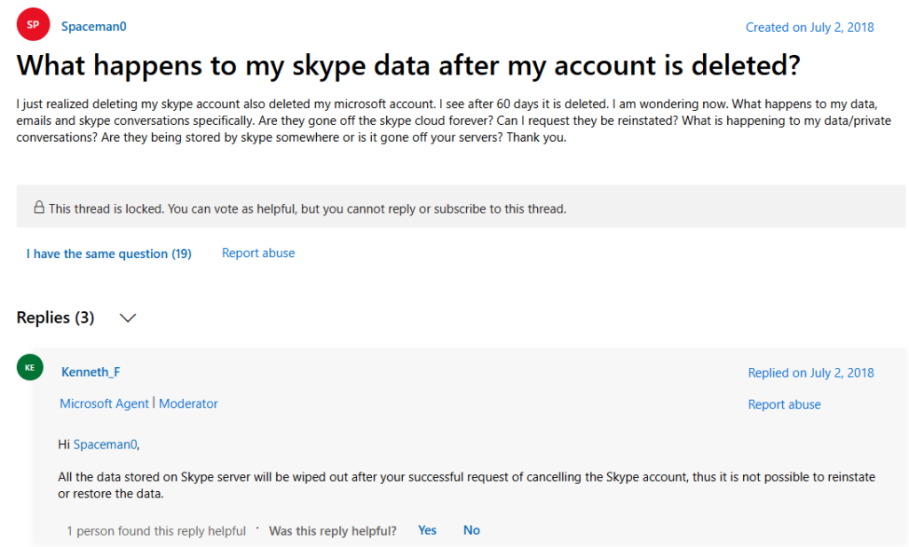 Screenshot of a Microsoft Agent telling a customer that Skype data is stored for 60 days, then completely wiped.