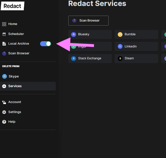 Screenshot of the local archive feature in Redact.dev