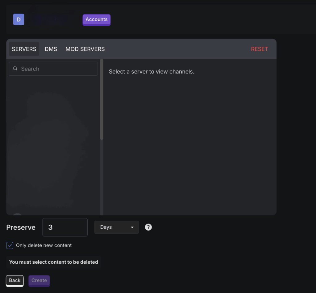 Discord server selection for auto-deletion.