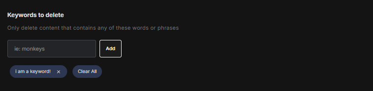Example of a deletion keyword filter in redact.dev