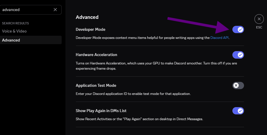 Enabling Developer Mode in Advanced Settings of Discord.