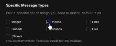 Selecting the video filter to mass delete video messages on Discord.