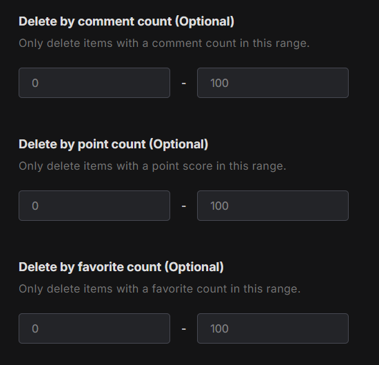 Only delete items with a comment count in this range.

