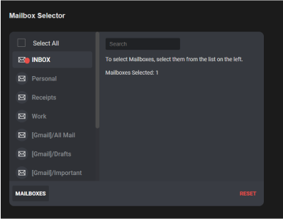 You can select 1 or multiple mailboxes in your email server for Redact to delete, clicking the “Select All” checkbox will select multiple mailboxes that are displayed, clicking the “Reset” link will revert all the actions to the default state and typing a username in the search input field will sort the list according to what you have input.