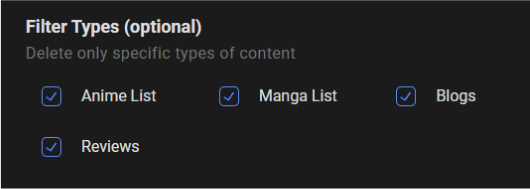 Chose content types you want to delete in your MyAnimeList profile including Anime Lists, Manga Lists, Blogs, and Reviews.