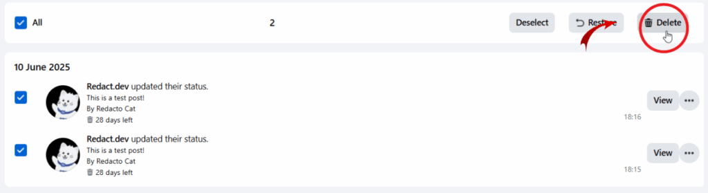 Once you have selected the posts to delete, you can click Delete to delete them from your trash bin