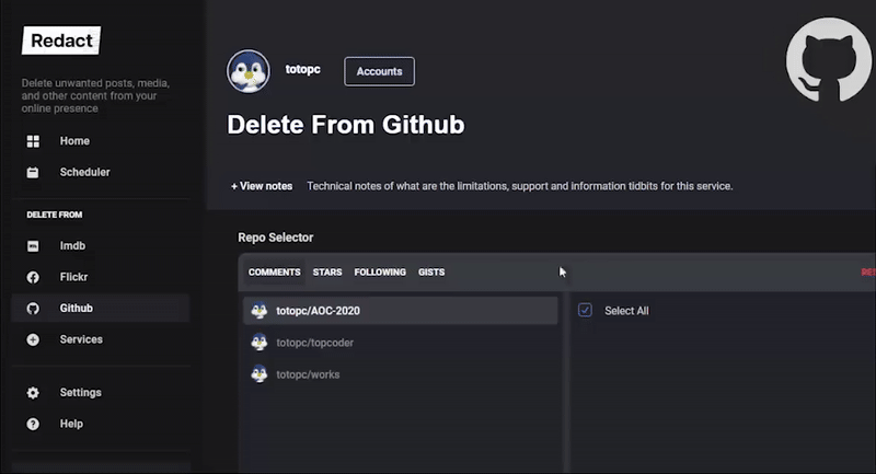 Find and delete Comments, Stars, Follows and Gists in Github. You can select multiple contents at the same time. The RESET button clears out all selected content. Select All selects all the present content connected in your account.