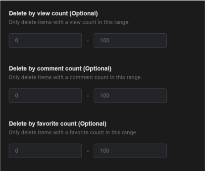 Delete Flickr content according to view, comment, or favorite count
Specify the view, comment, or favorite count of a content you have created, to filter the ones you want to delete.