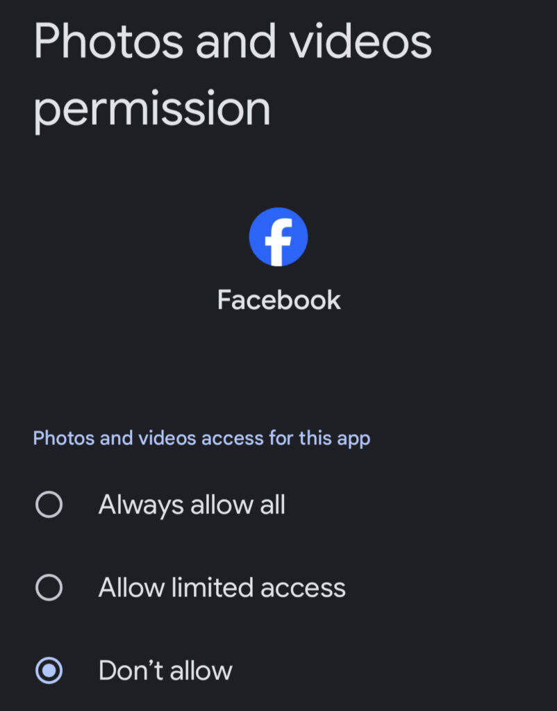 Android settings for Facebook photo access