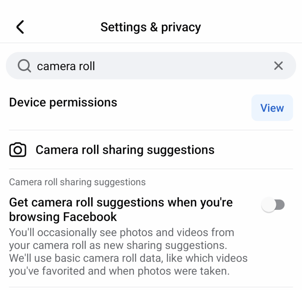 The settings and privacy option in Meta, showing Camera roll sharing settings.