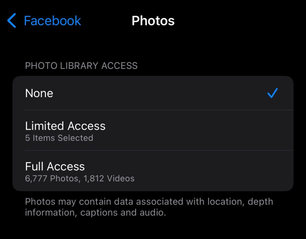 iOS settings for Facebook photo access