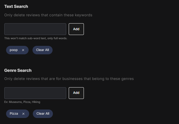 Delete Yelp reviews with specific text, keywords or for select business genres.