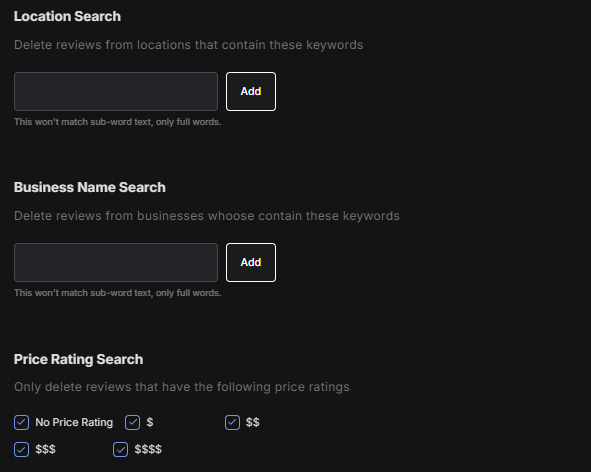 Bulk delete your yelp reviews based on location, business names, or specific price ratings.