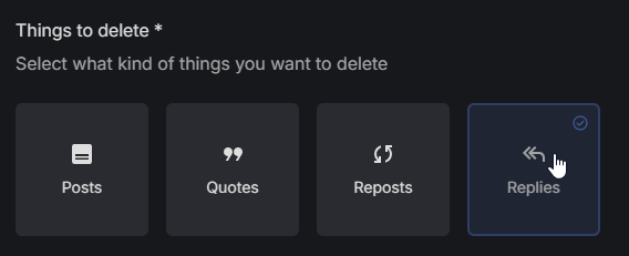 When you log in, you will see that there are 4 different types of content to delete, select Replies.