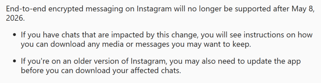 Screenshot of Meta's official announcement stating they are removing end-to-end encrypted messaging as of May 8, 2026.